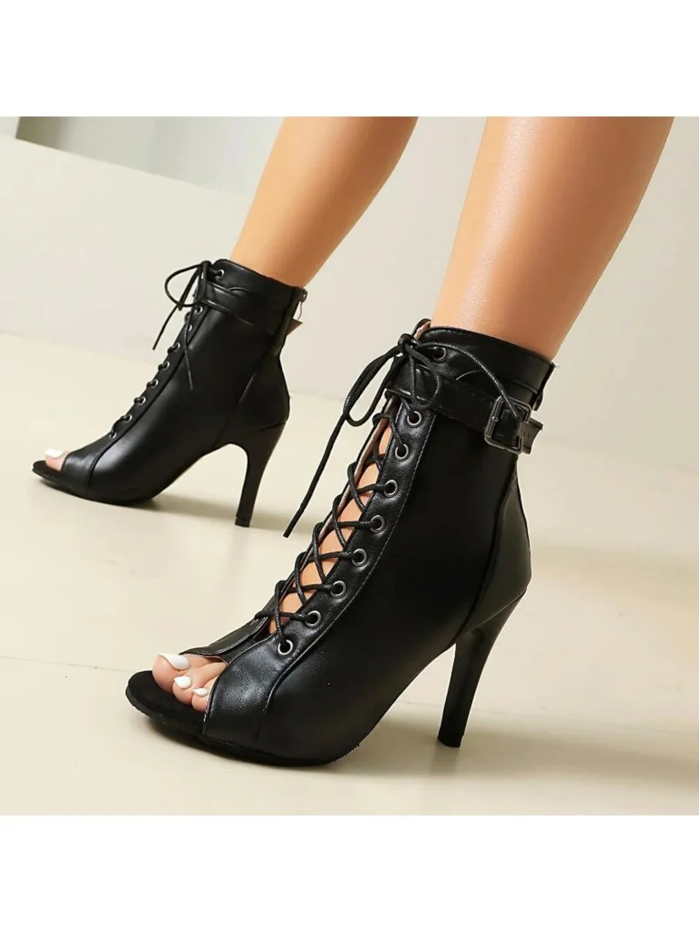 Womens Black Buckle Lace Up Mesh Sandal Peep Toe High Heel Ankle Boots